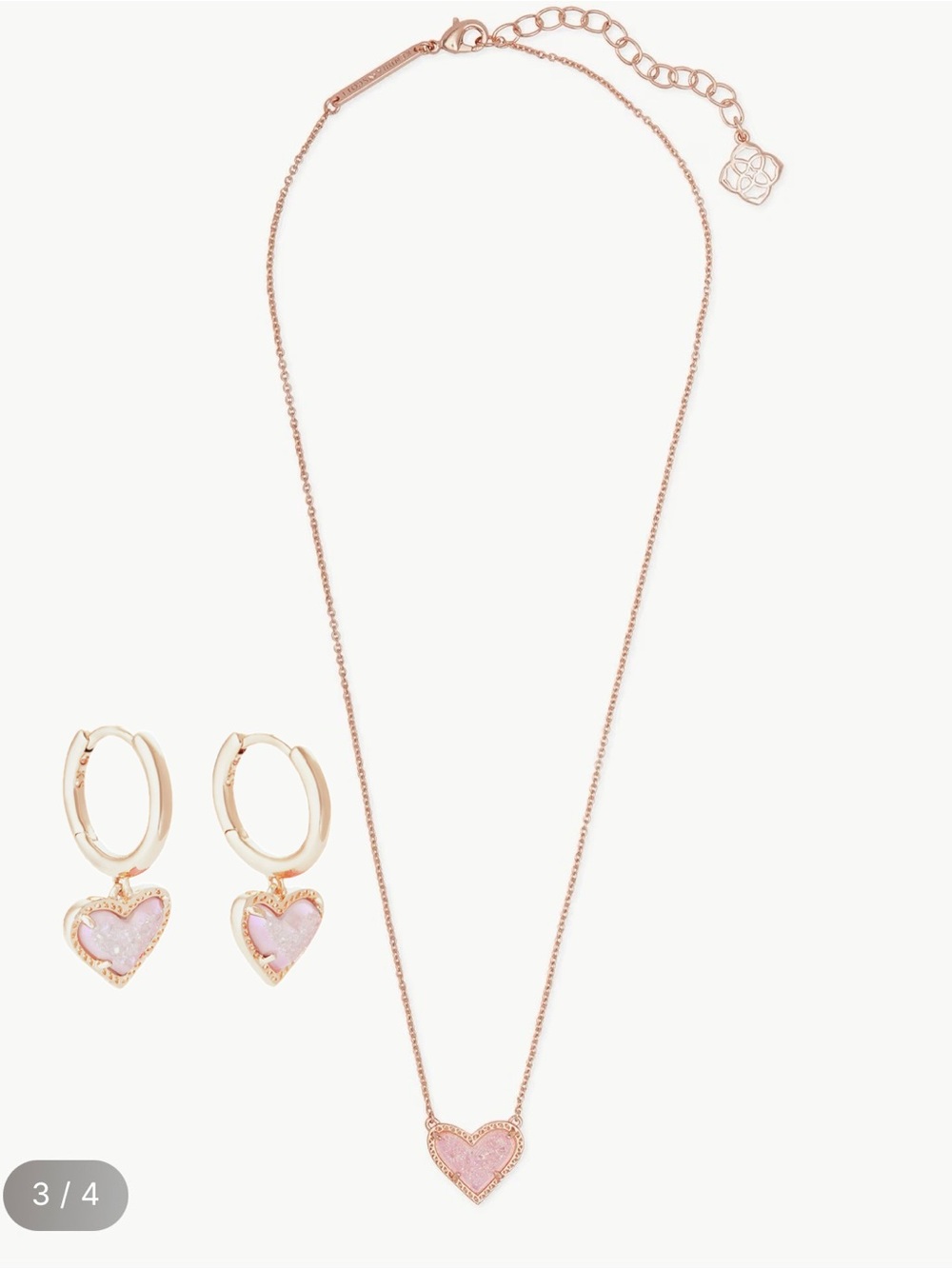 Kendra Scott Ari Heart Set Pink Drusy Necklace & Huggie Earrings Rose Gold